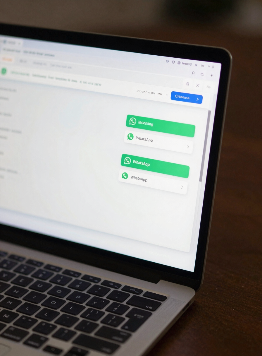 Close-up of a laptop screen showing a live CRM lead dashboard with incoming call notifications and WhatsApp message counts, screen glow illuminating a dark desk surface, shallow depth of field, no text visible